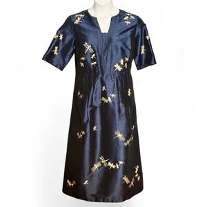 eShakti Dragonfly Embroidered Midi Dress 1X Blue Gold Silk Look Pleated Pockets